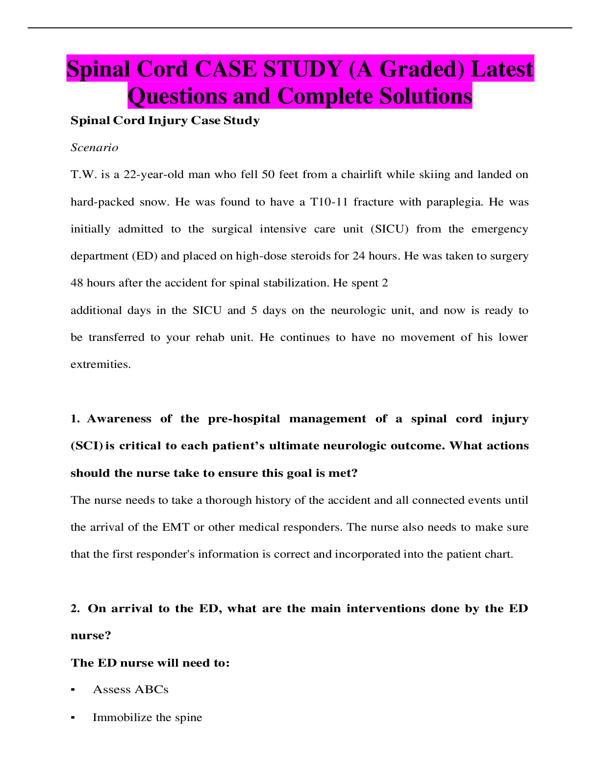 Preview image for Spinal Cord CASE STUDY (A Graded) Latest Questions and Complete Solutions